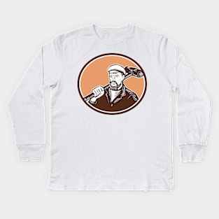 Blacksmith Holding Sledgehammer Woodcut Kids Long Sleeve T-Shirt